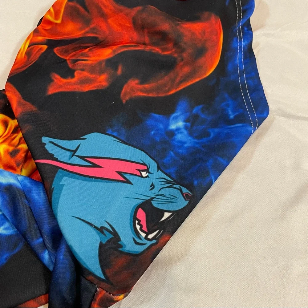 Mr Beast Hoodie XL All Over Fire Ice Flame Print Blue Orange Pullover Sweatshirt
